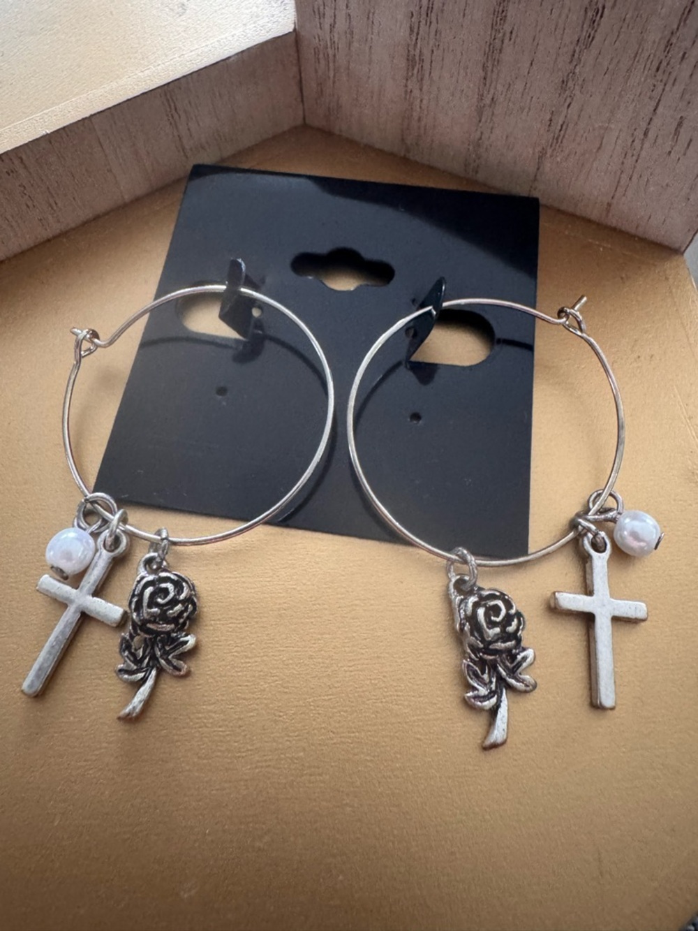 ASOS Silver Hoop Earrings with Rose, Cross and Pearl Charms